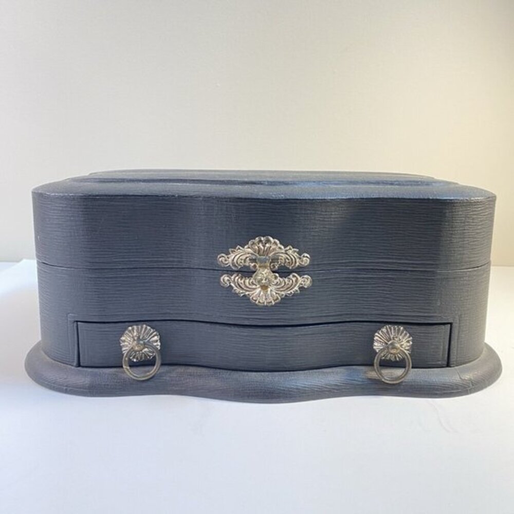 Antique Victorian Era Vanity Ebony and Silver Dresser In Leather Box